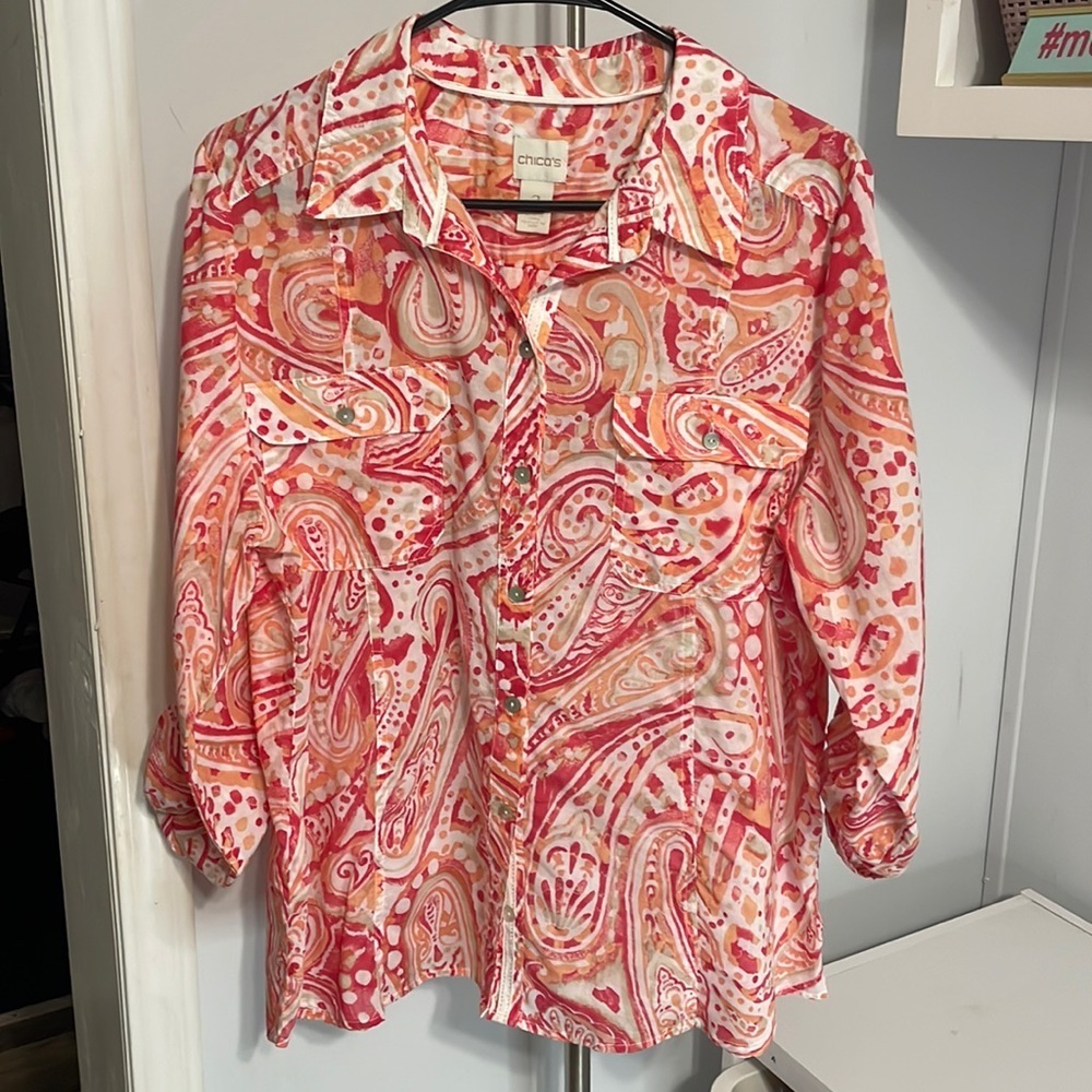 Chico’s Button Up Coral Shirt Size M
